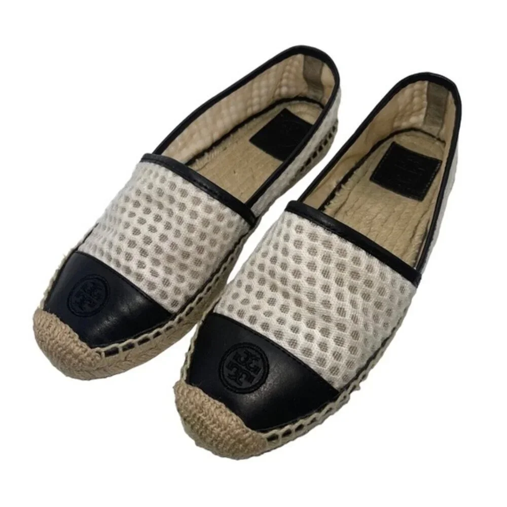 Tory Burch Espadrilles Women Size 6.5 US Black White Mesh Vegan‎ Leather Grenada